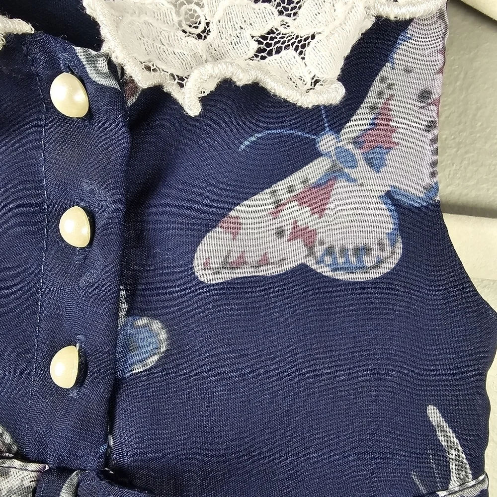 BABY‎ BERI Pleated Whimsical Dress Lace Collar Butterfly Navy Baby Girls 6-9 M